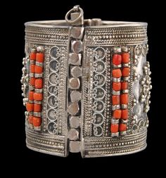 Ottoman Syrian Silver & Coral Cuff Bracelet - Michael Backman Ltd Silver Pin, Coral Beads, Silver Filigree, Syria, Art Market, Pin It, Cuff Bracelet, Cuff Bracelets, Ottoman