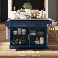 an image of a kitchen with blue cabinets and white dishes on the island in front of it