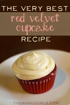 the very best red velvet cupcake recipe with cream cheese frosting on top is shown