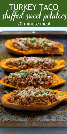 turkey taco stuffed sweet potatoes on a baking sheet with the title text overlay