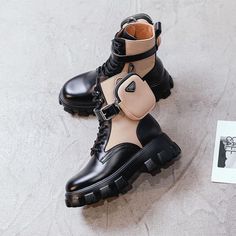 Boot Height: ANKLEFashion Element: PlatformPattern Type: Mixed ColorsBoot Type: Motorcycle bootsToe Shape: Round ToeSeason: WinterItem Type: BootsHeel Height: High (5cm-8cm)With Platforms: YesPlatform Height: 3-5cmClosure Type: Lace-UpFit: Fits true to size, take your normal size Khaki Boots, Skin Line, Shoes World, Biker Boot, Winter Collection, Front Row, Shoe Collection, Winter Boot, Style Icons