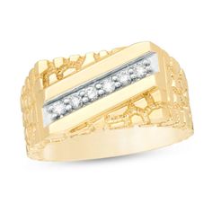 He’ll admire the eye-catching look of this dynamic diamond ring. Crafted in warm 10K gold, this rectangular-top style showcases a slanted row of glistening diamonds between polished borders. An all-over intricate nugget pattern lends depth and interest. Radiant with 1/5 ct. t.w. of diamonds and brilliant buffed luster, this ring impresses with unique design. Diamond Ring With Baguette Diamonds And Rectangular Stone, Rectangular Diamond Signet Ring For Promise, Gold Rectangular Brilliant Cut Diamond Ring, Rectangular Diamond Cut Signet Ring For Anniversary, Yellow Gold Rectangular Rings With Single Cut Diamonds, Rectangular Channel Set Fine Jewelry Rings, 14k Gold Rectangular Brilliant Cut Ring, Rectangular Yellow Gold Rings With Single Cut Diamonds, 14k Yellow Gold Square-cut Diamond Ring