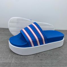 Adidas Adilette Bonega Platform Slide/Sandal/Slipper Women's Size 8 Blue/White Gx9480 Brand New Without Box Sporty Synthetic Slip-ons For Summer, Adidas Slides With Rubber Sole For Summer, Beach Slide Slippers With Platform, Sporty Non-slip Slip-ons For Summer, Sporty Flat Slip-ons For Summer, Casual Blue Platform Slippers With Round Toe, Casual Blue Platform Slippers For Summer, Adidas Beach Sport Sandals For Summer, Adidas Sport Sandals For Beach In Summer