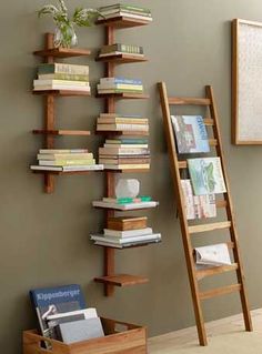 a magazine with a ladder and books on it