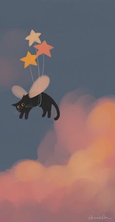 a black cat flying through the sky with stars on its tail and holding onto a string