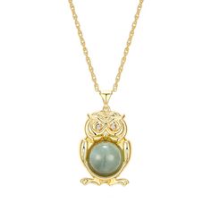 Add a vintage-inspired touch of sparkle with this jade and diamond accent Dynasty Jade 18k gold plated owl pendant necklace. Click on this JEWELRY & WATCHES GUIDE to learn about fit, styles, materials and more! FEATURES Pendant dimensions: 28.57 mm x 16.53 mm Chain length: 18 in. + 2-in. extender Chain type: rope Clasp: spring-ring Nickel safe Metal: sterling silver Plating: 18k gold Finish: polished Packaging: boxedSTONE DETAILS Stone type: jadeite jade Total weight: 3 9/10 ct. Center stone siz Gold Jade Round Pendant Necklace, Gold Jade Necklace With Round Pendant, Elegant Jade Necklace For Formal Occasions, Gold Jade Round Necklace, Elegant Jade Gemstone Necklaces, Elegant Jade Necklace With Gemstone, Formal Gold Jade Necklaces, Formal Gold Jade Necklace, Gold Jade Pendant Necklace