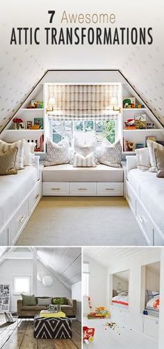 an attic bedroom with lots of storage space