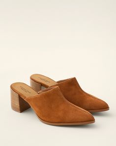 Every wardrobe needs a pair of mules to wear with dresses, trousers, or jeans. This exceptional example is crafted for us by Spanish artisans in rustic leather or suede, with a softly pointed toe, exposed vamp seam, and just-right heel.  Exclusive. Slip-on style.  Exposed seam detail on vamp.  Leather-wrapped footbed.  Man-made sole and heel cap.  Spain. Mules Shoes Outfit High Heels, Mule Shoes Outfit, Girly Shoes, Garnet Hill, Heel Caps, Purse Accessories, Leather Wraps, Mules Shoes, Fall Hair