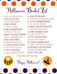 a halloween bucket list with orange and black polka dots