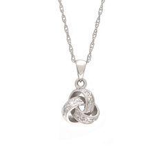 14 Karat Gold Love Knot Pendant Necklace Featuring 0.06 Carat Total Weight Round Diamonds of I1 Clarity and H/I Color. 16 Inches Long. Style KNOT. Available in white or yellow gold.