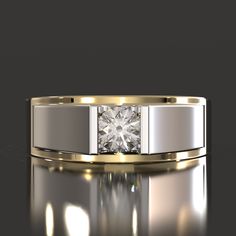 a wedding ring with a diamond in the center on a reflective surface, against a dark background