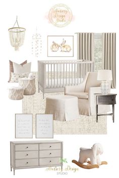 a baby's nursery room is shown in white and beige colors with accessories for the crib