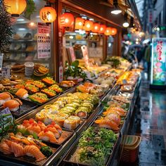 an assortment of sushi on display in a store