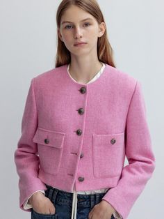 Editor's notesWoven from wool tweed fabric, this jacket features boxy silhouette in cropped length. Silver button detail and lovely pink color accentuate the cute and romantic mood. - Soft and structured silhouette- Tailored fit in trendy short length- Casual side pockets- Versatile styling and easy layeringMeasurements(in.)Size (01_S/02_M)- Length: 17.32 in / 17.72 in - Shoulder: 16.93 in / 17.32 in - Bust: 19.69 in / 20.87 in - Sleeve: 23.62 in / 24.02 in * Model info: Height 5' 8 Bust 29 Waist 23 Hip 35, wearing size SComposition & Care- Shell: 100% Wool / Lining: 100% Polyester - Dry Cleaning Designer- by JOY GRYSON Elegant Cropped Pink Outerwear, Elegant Pink Cropped Outerwear, Pink Tweed Jacket With Buttons For Winter, Pink Cropped Outerwear For Work, Cropped Pink Outerwear For Work, Pink Wool Tweed Jacket For Spring, Pink Wool Tweed Jacket For Fall, Spring Pink Wool Tweed Jacket, Pink Tweed Jacket With Buttons For Fall