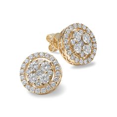 Add sparkle every day with these stunning halo earrings. They feature a cluster of natural diamonds at the center and lacy filigree around the sides for a touch of vintage-inspired charm. Crafted with care in warm 14-karat yellow gold  friction backs offer secure daily wear. Anniversary Halo Cluster Earrings, Halo Design Cluster Earrings For Anniversary, Anniversary Cluster Earrings With Halo Setting, Cluster Halo Diamond Earrings For Anniversary, Anniversary Cluster Diamond Earrings With Halo Setting, Diamond White Halo Design Cluster Earrings, Luxury Cluster Earrings With Halo Design For Wedding, Elegant Cluster Earrings With Halo Setting For Anniversary, Cluster Diamond Earrings With Halo Design