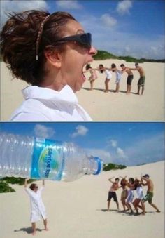 two pictures of people on the beach with water bottles