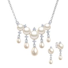 Undeniably elegant… This shimmering sterling silver necklace and earring set features an array of luminous white cultured pearls presented in an elegant drop design.  For the perfect finishing touch, the necklace and earrings are aglow with dazzling simulated diamonds that sparkle with every movement.  Arrives in our Signature Presentation Pouch, perfect for gift giving or safekeeping. Elegant Teardrop Drop Necklace For Formal Occasions, Elegant White Gold Teardrop Jewelry Sets, Elegant Dangle Pearl Necklace For Parties, Elegant Pearl Pendant Necklace For Parties, Elegant Pearl Dangle Necklace For Party, Elegant Drop Necklace With Pearl Chain, Classic Teardrop Jewelry Sets For Formal Occasions, White Dangle Jewelry Sets For Formal Occasions, Elegant Silver Teardrop Bridal Necklace