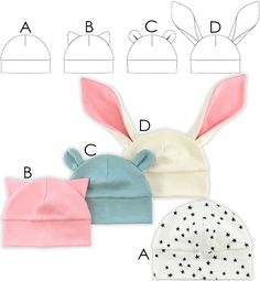 three hats with bunny ears and stars on the front, one has a star pattern