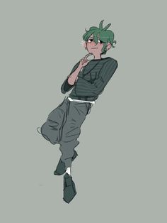 an anime character with green hair and black pants sitting on the ground, looking to his left