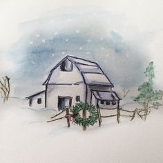 a watercolor painting of a white house in the snow with a wreath on it's fence