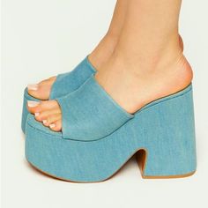 Pair Of Denim Wedges Featuring An Open Almond Toe, Wide Vamp, Platform Sole, Slip - On Styling, And Chunky Heel. Size 6 Great Condition - Never Worn Denim Wedges, Chunky Heel, Platform Heels, Chunky Heels, Almond, Color Blue, Wedges, Slip On, Size 6