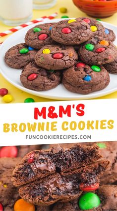 m & m's brownie cookies are stacked on top of each other, with candy in the middle