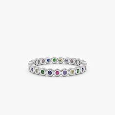 bezel set white gold ring Elegant Multicolor Stackable Eternity Band, Rainbow Multi-stone Round Sapphire Ring, Multicolor Sapphire Multi-stone Jewelry, Multicolor Multi-stone Sapphire Jewelry, Multicolor Sapphire Ring, Rainbow Multi-stone Sapphire Ring In Fine Jewelry Style, Rainbow Multi-stone Sapphire Ring, Multicolor Multi-stone Diamond Birthstone Ring, Rainbow Multi-stone Sapphire Jewelry