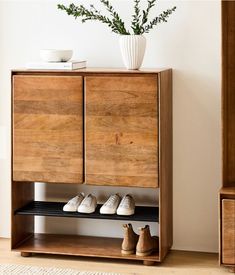 a wooden cabinet with shoes on it next to a potted plant in a white vase