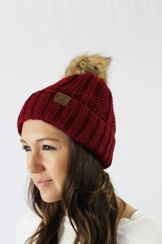 This is our best selling hat on our website! This "ribbed knit" fleece lined hat will keep your head very warm this season and it has a fun faux fur pom on top. Rib knit lined C.C. Hat with pom. Lined in micro-plush Cc Beanies, Cc Beanie, Knit Style, Knitted Hat, Fur Pom Pom, Indiana, Knitted Hats, Rib Knit, Ribbed Knit