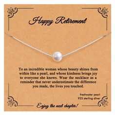 a white pearl necklace on a card with the words happy retirement written in black ink