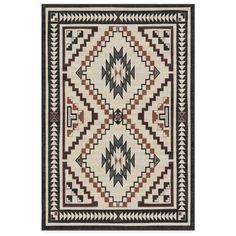 a black and white rug with geometric designs