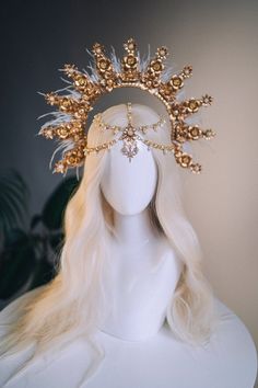 Angel Crown Gold Halo Crown Beige Headband Halloween - Etsy Angel Costume Halo, Types Of Halos Angel, Gold Angel Costume, Angel Halo Costume, Angel Hairstyles, Concert Bodysuit, Angel Headpiece, Angel Halos, Angel Core Outfit