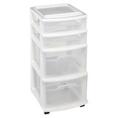 three drawers with wheels on each side and two bins at the bottom, all in clear plastic