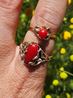 14k Coral Ring Ox Blood Red Mediterranean Coral Yellow Gold Size 8  Standout quality, natural Ox Blood Red Coral oval cabochon set in a 14K yellow gold brutalist design.  Marked 14K.  Measures about 1/2" wide. Coral cab measures 12 mm long by 6 mm. Red Cabochon Ruby Ring In 14k Gold, 14k Gold Red Cabochon Ruby Ring, 14k Gold Red Cabochon Ring, 14k Gold Cabochon Red Ring, 14k Gold Rings With Red Cabochon, 14k Gold Ruby Cabochon Ring, Gold Ruby Ring With Cabochon In 14k Gold, Red 14k Gold Polished Jewelry, Red 14k Gold Jewelry With Polished Finish