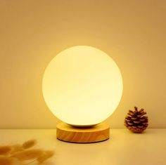 a white light sitting on top of a wooden table next to a pine cone and some feathers