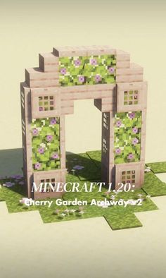 a minecraft gate with flowers on it and the words merry garden always written below