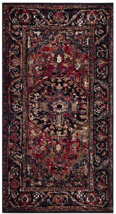 a red and black rug with an ornate design