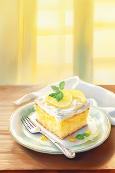 a slice of lemon cake on a plate with a fork