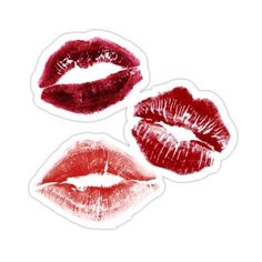 three red lipstick stickers are shown on a white background and one is in the shape of a kiss