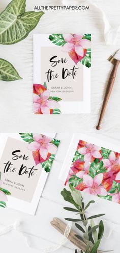 save the date cards with pink flowers and greenery