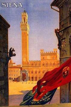 there is a poster with an image of a clock tower in the background and a red flag flying from it