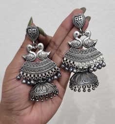 Around 2 inches Silver alike brass made Jhumka Earrings, Charm Bracelet, Brass, Grey, Silver, Quick Saves