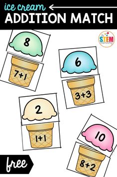 ice cream addition match with two numbers and one number on the top, in three different colors