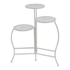 two tiered white metal plant stand with holes on the bottom and one shelf below