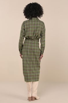 Cooler days always get us searching for the perfect fall looks, like the Lulus Seasonal Spirit Green Plaid Ruched Long Sleeve Midi Dress! Lightweight woven fabric boasts a timeless plaid pattern as it shapes long sleeves (with button cuffs) and a collared neckline. Functional button placket runs the length of the dress, across a fitted waist and a strategically ruched skirt that finishes at a midi hem. Fit: This garment fits true to size. Length: Mid-calf length. Size medium measures 47" from sh Midi-length Plaid Dress For Fall, Plaid Midi Length Dress For Work, Plaid Long Sleeve Dress For Daywear, Workwear Midi Length Plaid Dress, Plaid Midi Length Dress For Daywear, Plaid Midi Dress For Daywear, Long Sleeve Plaid Dress For Fall Daywear, Ruched Skirt, Sleeve Midi Dress