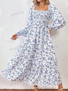 Floral Print Square Neck Lantern Sleeve Dress Summer Outfits Dresses Sundresses, White Floral Dress Long, Curvy Summer Outfits, Colorful Summer Outfits, Summer Outfits Curvy, Outfit Dinner, College Outfits Summer, Classy Summer Outfits, Lantern Sleeve Dress