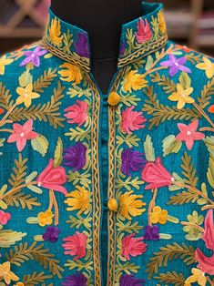 Coat Long Coat Embroidered Coat Kashmir Coats Teal Women | Etsy Spring Wedding Nehru Jacket With Traditional Drape, Traditional Drape Nehru Jacket With Floral Embroidery, Spring Floral Embroidered Sherwani With Traditional Drape, Spring Floral Embroidery Sherwani With Traditional Drape, Spring Floral Embroidery Bandhgala, Spring Bandhgala With Floral Embroidery, Spring Nehru Jacket With Resham Embroidery, Spring Floral Embroidery Straight Kurta Bandhgala, Spring Floral Embroidery Bandhgala Straight Kurta