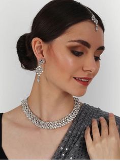 Diamond Jewelry Set, Wedding Silver, Earrings Making, Bollywood Style, Diamond Necklace Set, White Rhinestone, Bohemian Fashion, Bollywood Fashion, Silver Wedding