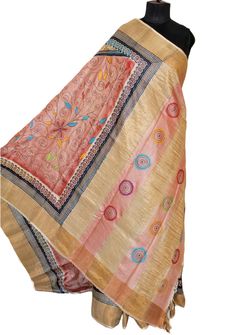 This Hand Embroidered Kantha Stitch Tussar Silk Saree is a perfect and unique choice for your occasional and party wear.Hand Embroidery Kantha Stitch Saree on Authentic Soft Tussar Silk It is a quality piece of textile with traditional Indian craftsmanship designed to last.This saree can be a great addition to your wardrobe to make sure you always look your best. Kantha work is renowned for its durability, and its intricate, delicate designs will become a treasured part of your style. Kantha Sti Festive Slub Silk Dupatta With Embroidered Border, Festive Slub Silk Traditional Wear With Embroidered Border, Festive Traditional Wear With Embroidered Border In Slub Silk, Festive Slub Silk Salwar Kameez With Embroidered Border, Festival Salwar Kameez With Embroidered Border In Slub Silk, Festival Slub Silk Salwar Kameez With Embroidered Border, Raw Silk Dupatta With Embroidered Border, Semi-stitched Dori Work Traditional Wear In Slub Silk, Designer Slub Silk Dupatta With Embroidered Border