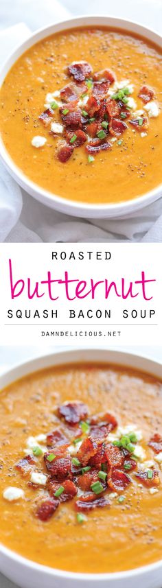 two bowls of roasted butternut squash bacon soup on a white tablecloth with text overlay